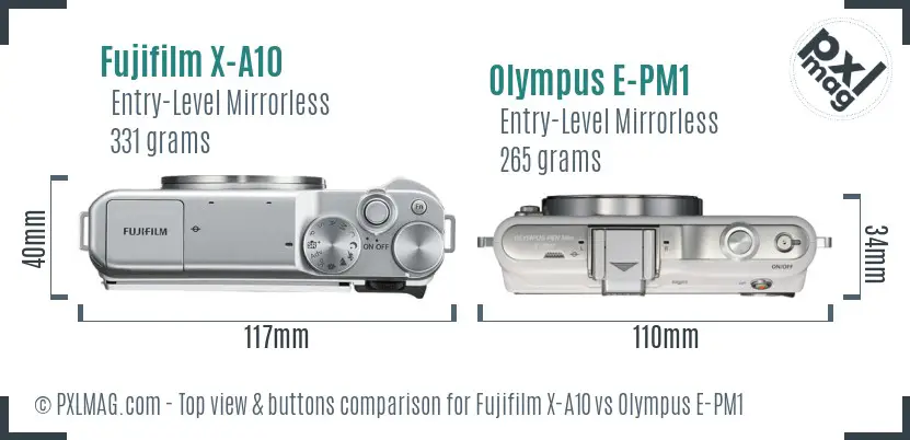 Fujifilm X-A10 vs Olympus E-PM1 top view buttons comparison