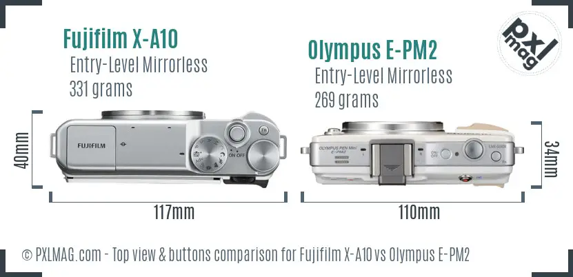 Fujifilm X-A10 vs Olympus E-PM2 top view buttons comparison