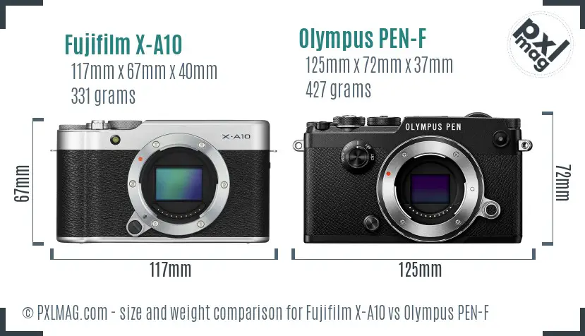 Fujifilm X-A10 vs Olympus PEN-F size comparison
