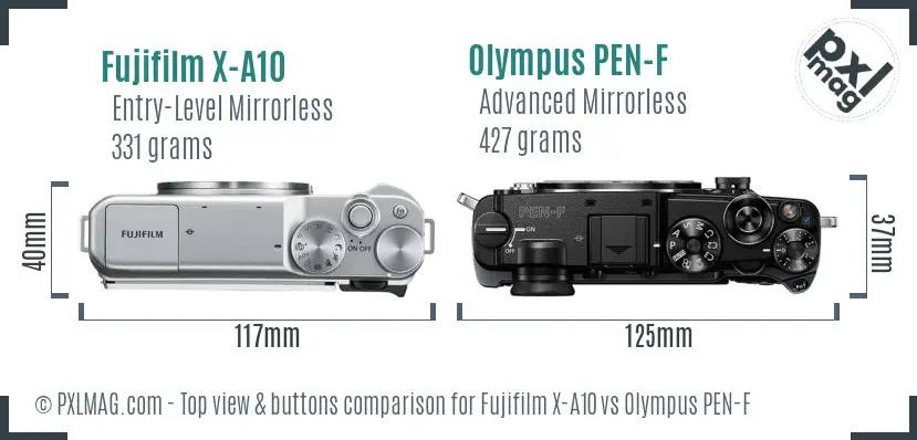 Fujifilm X-A10 vs Olympus PEN-F top view buttons comparison