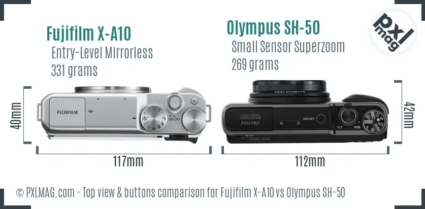 Fujifilm X-A10 vs Olympus SH-50 top view buttons comparison