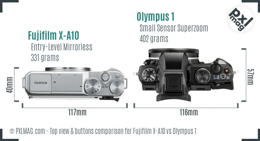 Fujifilm X-A10 vs Olympus 1 top view buttons comparison