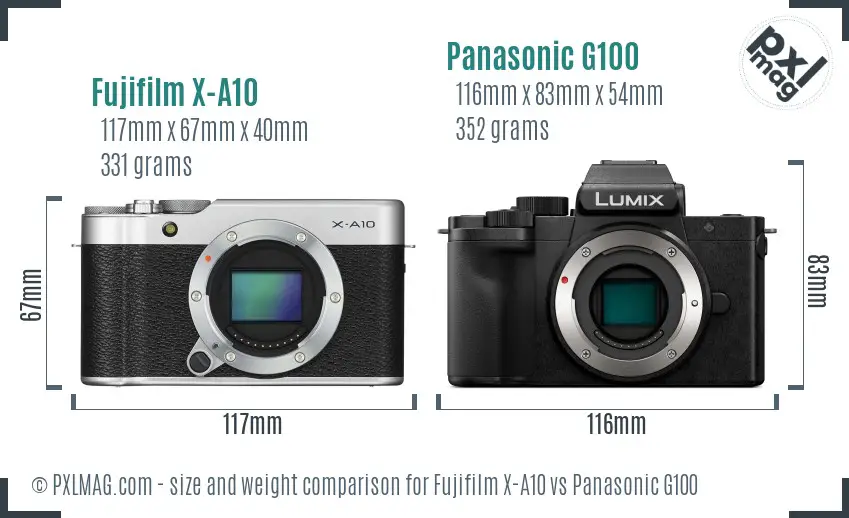 Fujifilm X-A10 vs Panasonic G100 size comparison