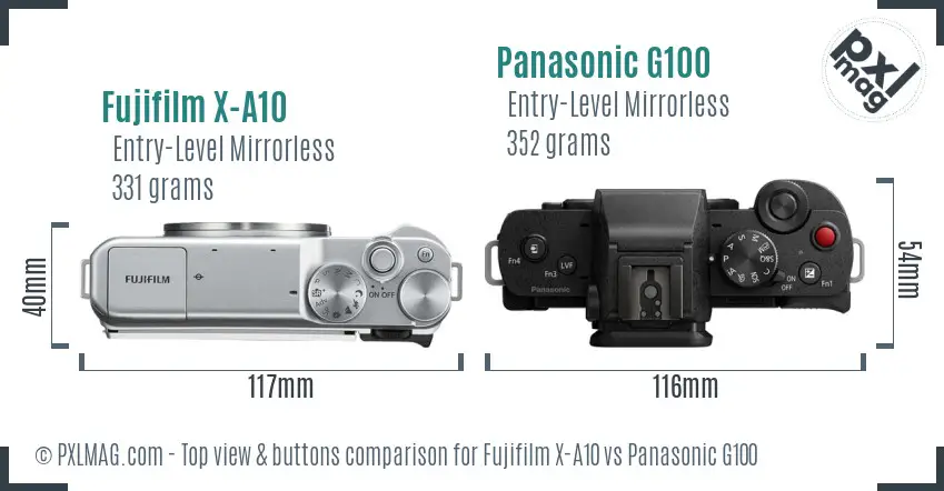 Fujifilm X-A10 vs Panasonic G100 top view buttons comparison