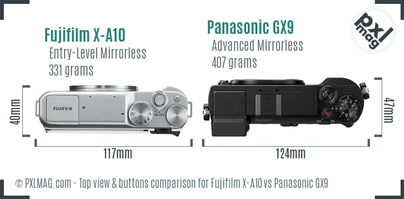 Fujifilm X-A10 vs Panasonic GX9 top view buttons comparison
