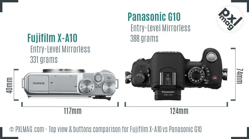 Fujifilm X-A10 vs Panasonic G10 top view buttons comparison