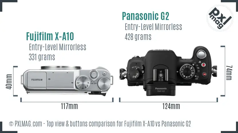 Fujifilm X-A10 vs Panasonic G2 top view buttons comparison