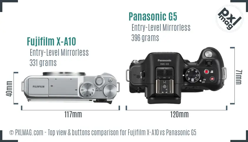 Fujifilm X-A10 vs Panasonic G5 top view buttons comparison