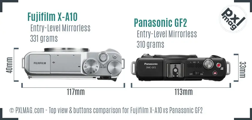 Fujifilm X-A10 vs Panasonic GF2 top view buttons comparison
