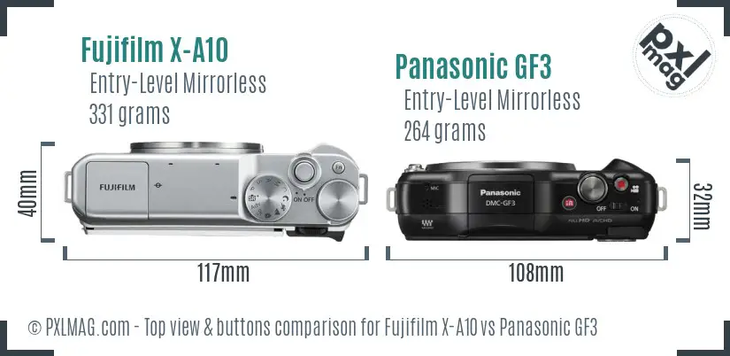 Fujifilm X-A10 vs Panasonic GF3 top view buttons comparison