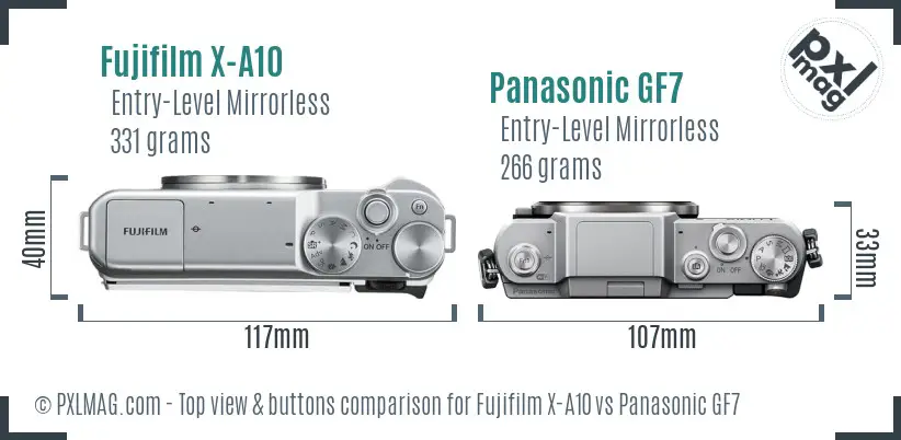 Fujifilm X-A10 vs Panasonic GF7 top view buttons comparison