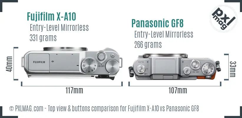 Fujifilm X-A10 vs Panasonic GF8 top view buttons comparison