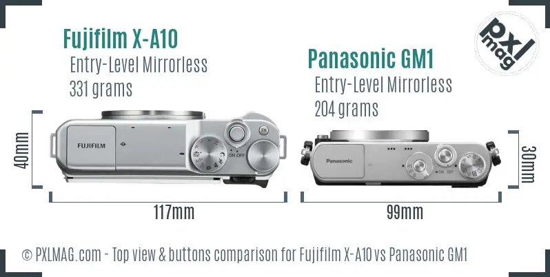 Fujifilm X-A10 vs Panasonic GM1 top view buttons comparison