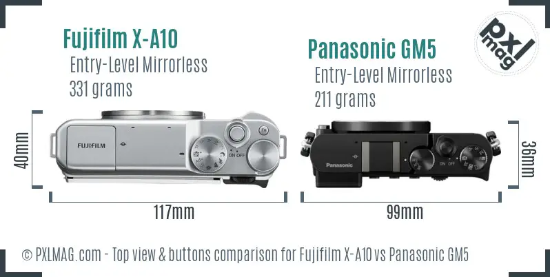 Fujifilm X-A10 vs Panasonic GM5 top view buttons comparison