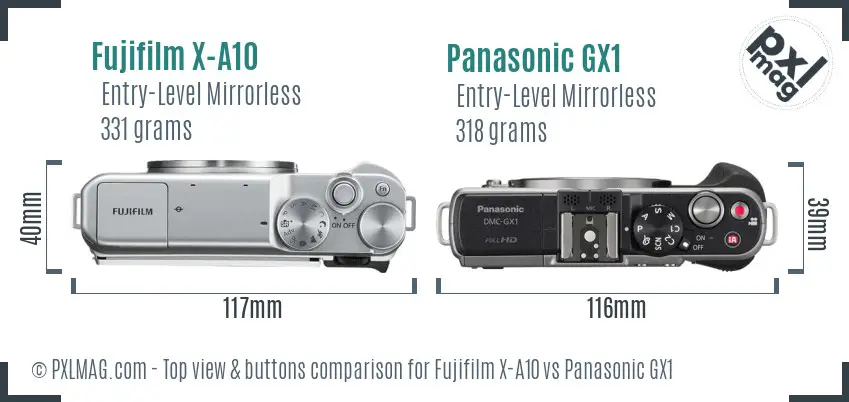 Fujifilm X-A10 vs Panasonic GX1 top view buttons comparison