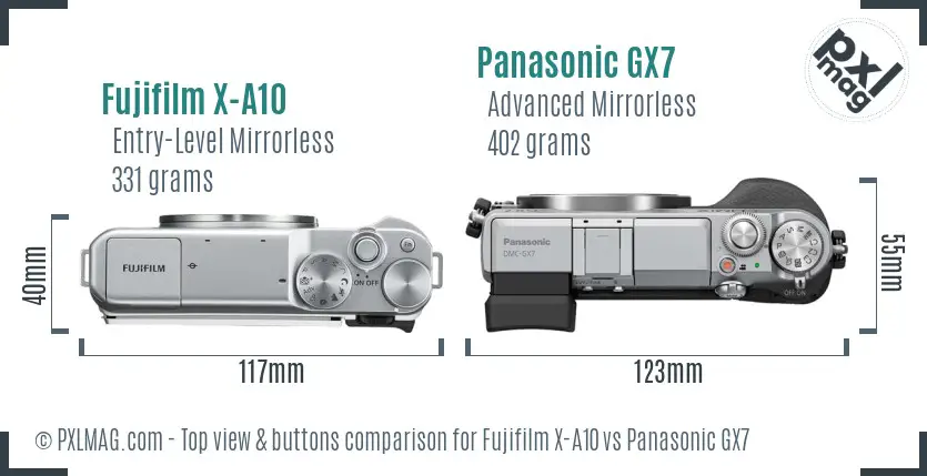 Fujifilm X-A10 vs Panasonic GX7 top view buttons comparison