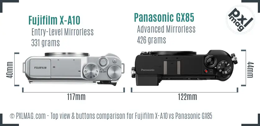 Fujifilm X-A10 vs Panasonic GX85 top view buttons comparison Fujifilm X-A10 vs Panasonic GX85 top view buttons comparison
