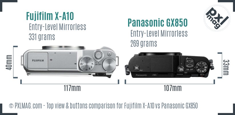 Fujifilm X-A10 vs Panasonic GX850 top view buttons comparison