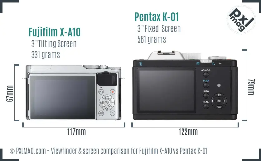 Fujifilm X-A10 vs Pentax K-01 Screen and Viewfinder comparison