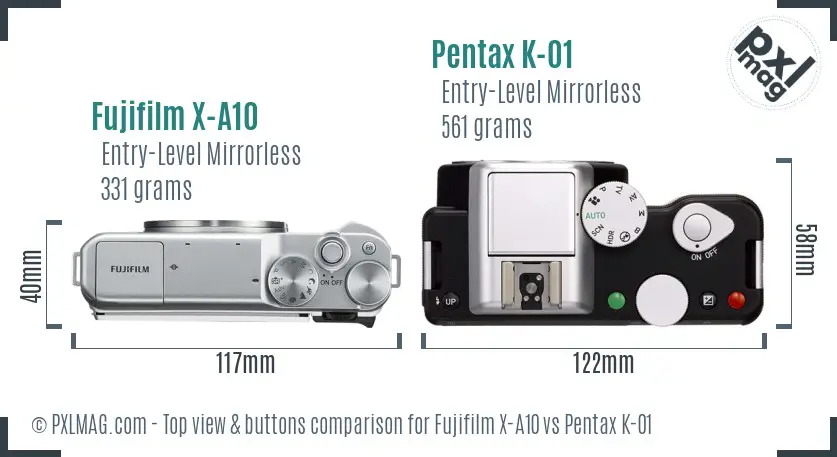 Fujifilm X-A10 vs Pentax K-01 top view buttons comparison