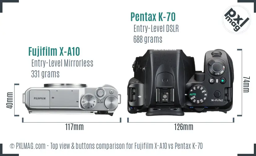 Fujifilm X-A10 vs Pentax K-70 top view buttons comparison