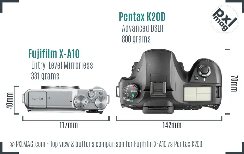 Fujifilm X-A10 vs Pentax K20D top view buttons comparison