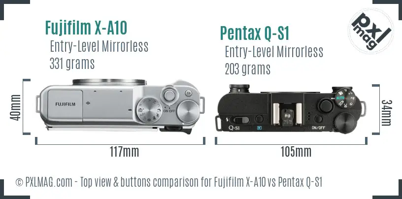 Fujifilm X-A10 vs Pentax Q-S1 top view buttons comparison