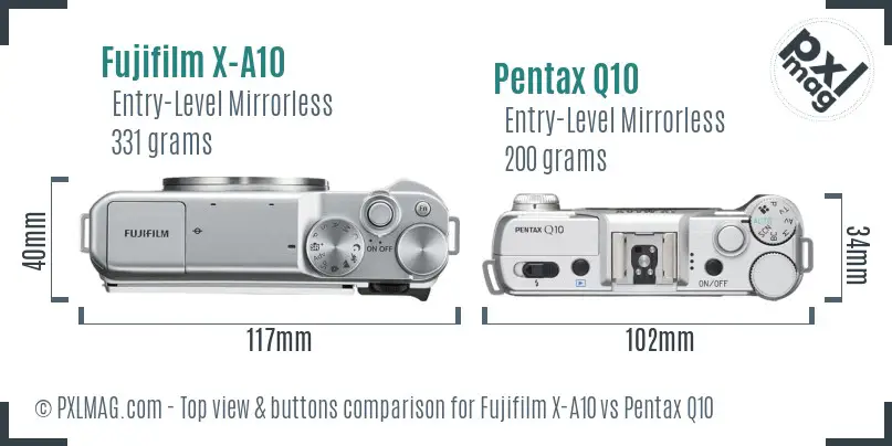 Fujifilm X-A10 vs Pentax Q10 top view buttons comparison