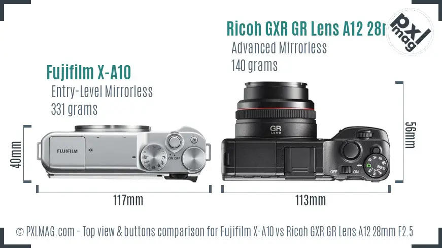 Fujifilm X-A10 vs Ricoh GXR GR Lens A12 28mm F2.5 top view buttons comparison Fujifilm X-A10 vs Ricoh GXR GR Lens A12 28mm F2.5 top view buttons comparison