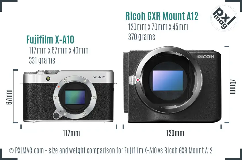 Fujifilm X-A10 vs Ricoh GXR Mount A12 size comparison