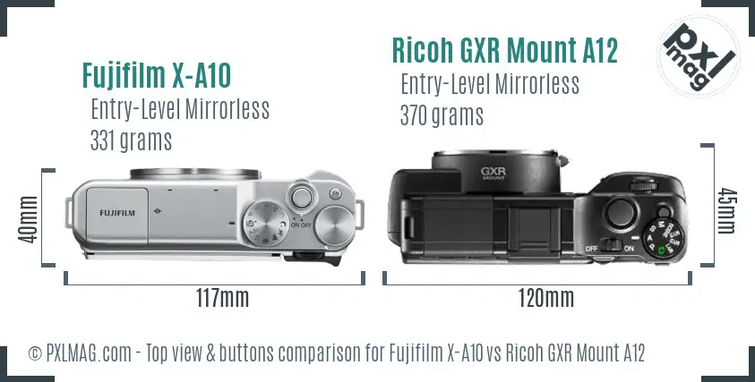 Fujifilm X-A10 vs Ricoh GXR Mount A12 top view buttons comparison