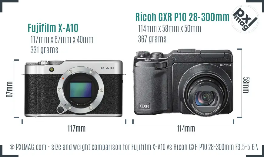 Fujifilm X-A10 vs Ricoh GXR P10 28-300mm F3.5-5.6 VC size comparison