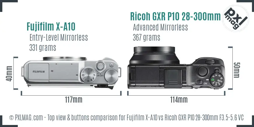 Fujifilm X-A10 vs Ricoh GXR P10 28-300mm F3.5-5.6 VC top view buttons comparison