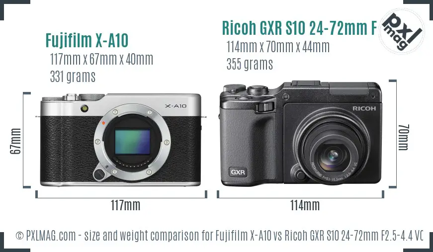 Fujifilm X-A10 vs Ricoh GXR S10 24-72mm F2.5-4.4 VC size comparison