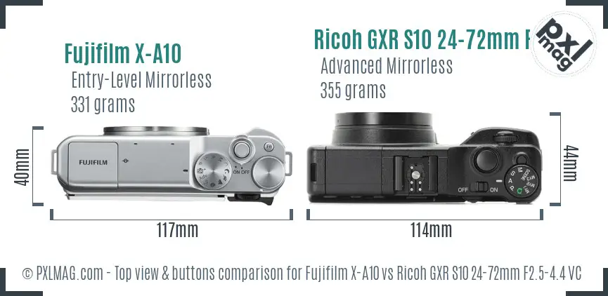Fujifilm X-A10 vs Ricoh GXR S10 24-72mm F2.5-4.4 VC top view buttons comparison