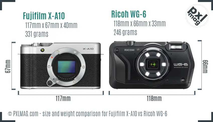 Fujifilm X-A10 vs Ricoh WG-6 size comparison