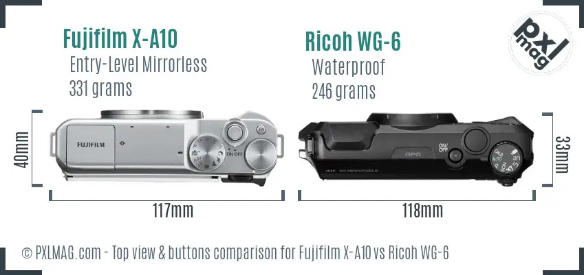 Fujifilm X-A10 vs Ricoh WG-6 top view buttons comparison