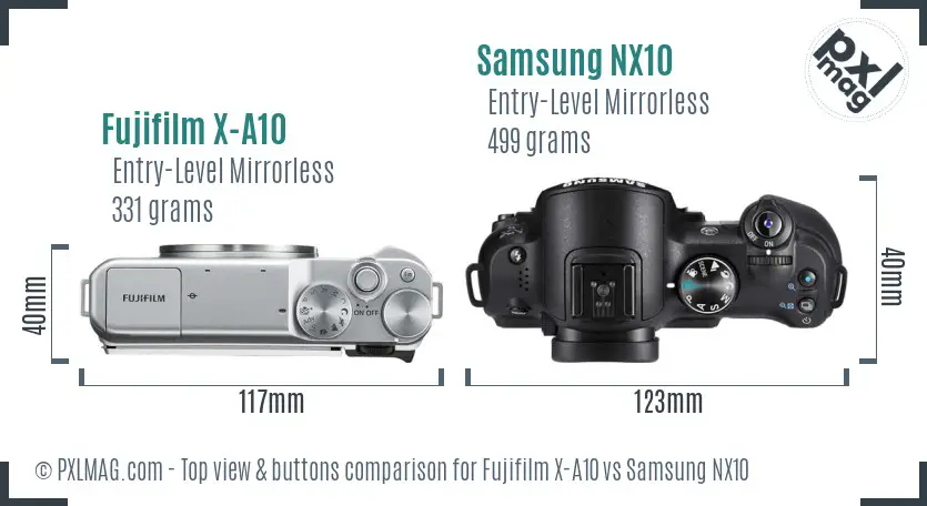 Fujifilm X-A10 vs Samsung NX10 top view buttons comparison