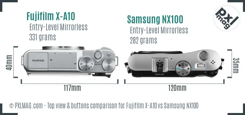 Fujifilm X-A10 vs Samsung NX100 top view buttons comparison