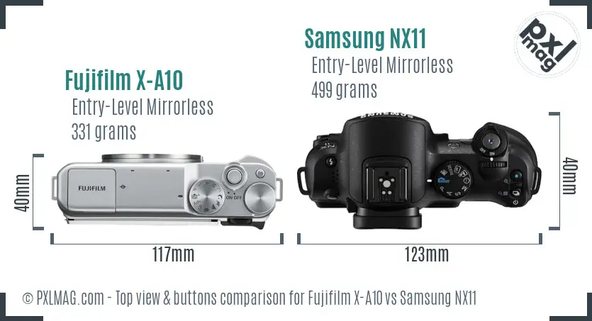 Fujifilm X-A10 vs Samsung NX11 top view buttons comparison Fujifilm X-A10 vs Samsung NX11 top view buttons comparison