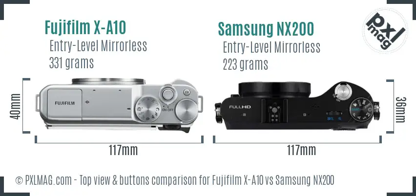 Fujifilm X-A10 vs Samsung NX200 top view buttons comparison