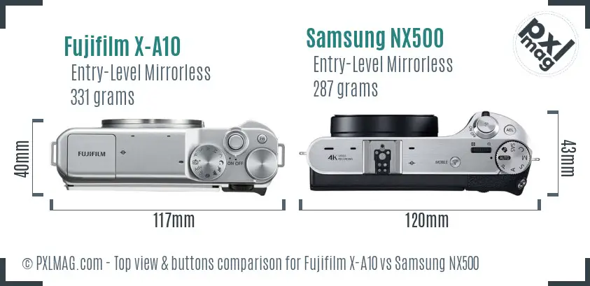 Fujifilm X-A10 vs Samsung NX500 top view buttons comparison