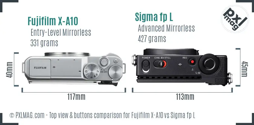 Fujifilm X-A10 vs Sigma fp L top view buttons comparison