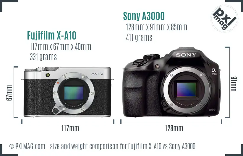 Fujifilm X-A10 vs Sony A3000 size comparison