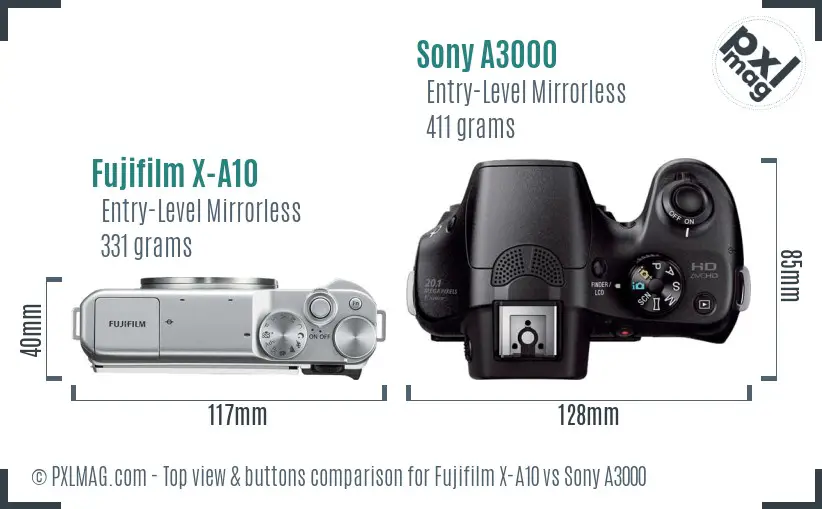 Fujifilm X-A10 vs Sony A3000 top view buttons comparison