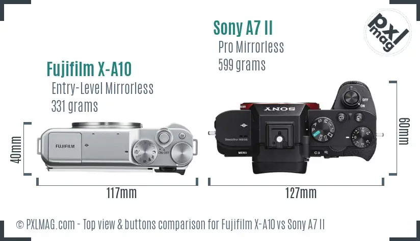 Fujifilm X-A10 vs Sony A7 II top view buttons comparison Fujifilm X-A10 vs Sony A7 II top view buttons comparison