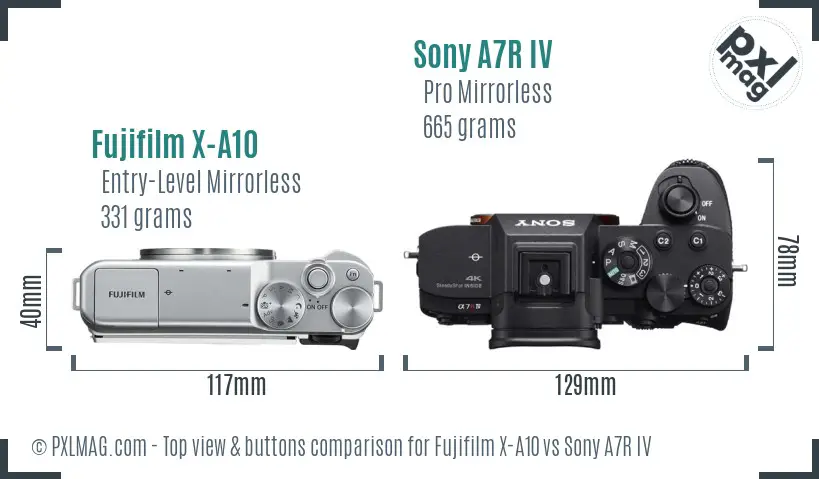 Fujifilm X-A10 vs Sony A7R IV top view buttons comparison