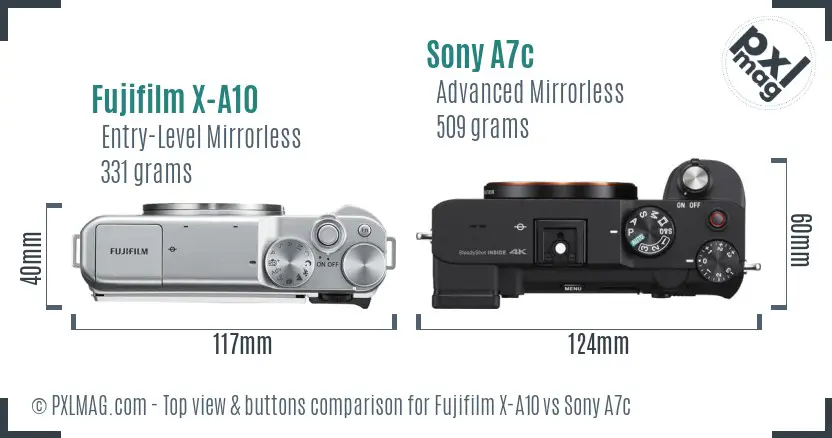 Fujifilm X-A10 vs Sony A7c top view buttons comparison Fujifilm X-A10 vs Sony A7c top view buttons comparison