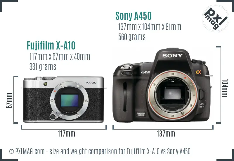 Fujifilm X-A10 vs Sony A450 size comparison