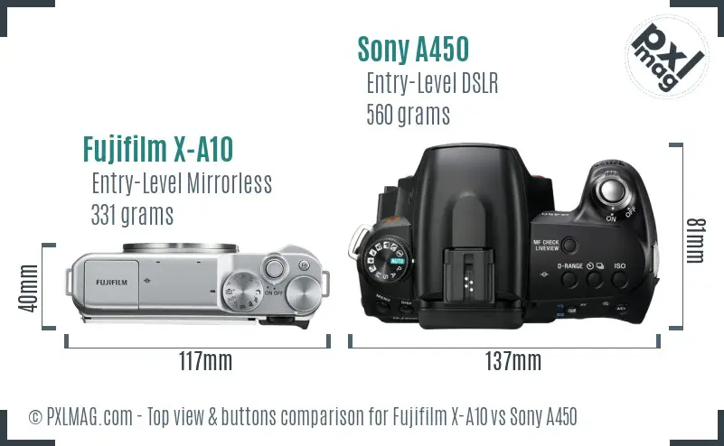 Fujifilm X-A10 vs Sony A450 top view buttons comparison